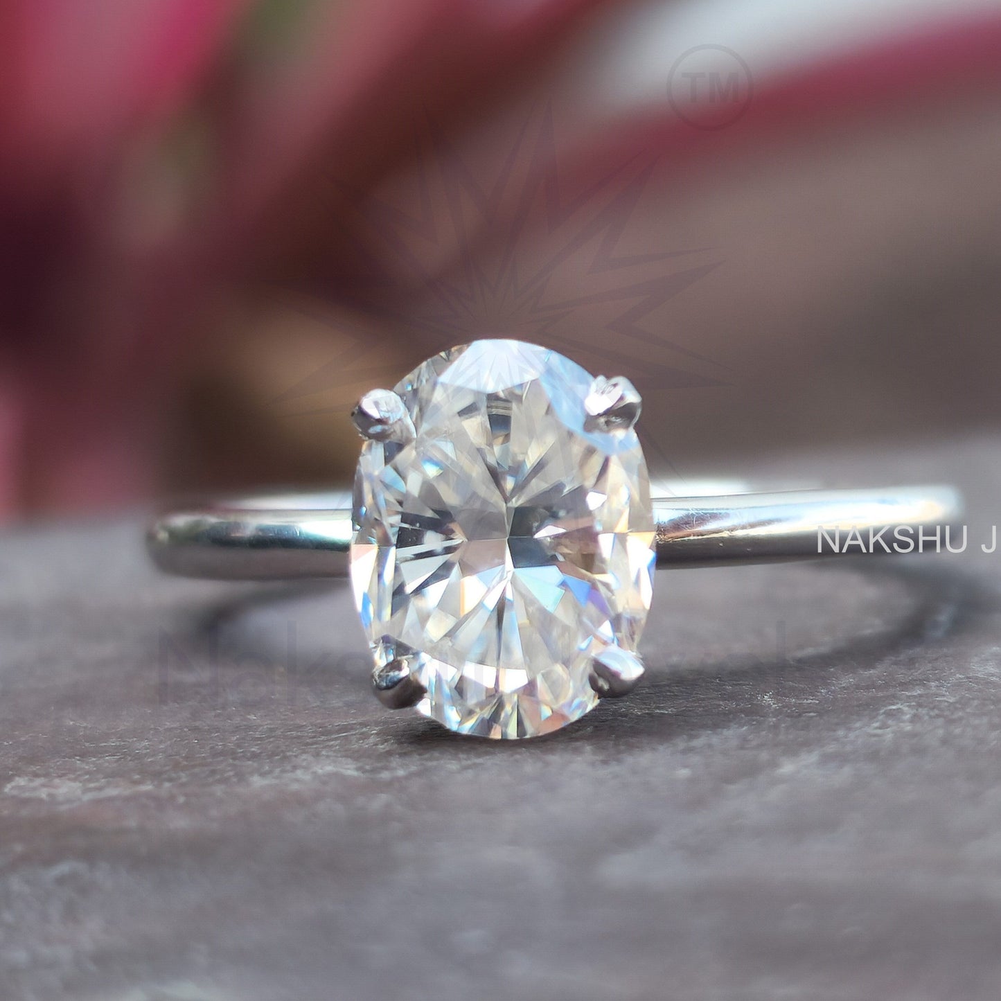 Crushed Ice Oval Cut Colorless Moissanite Hidden Halo Solitaire Engagement Ring