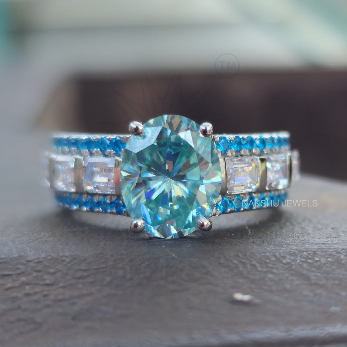 Cyan Blue Oval & Emerald Cut Moissanite Pave Engagement Ring