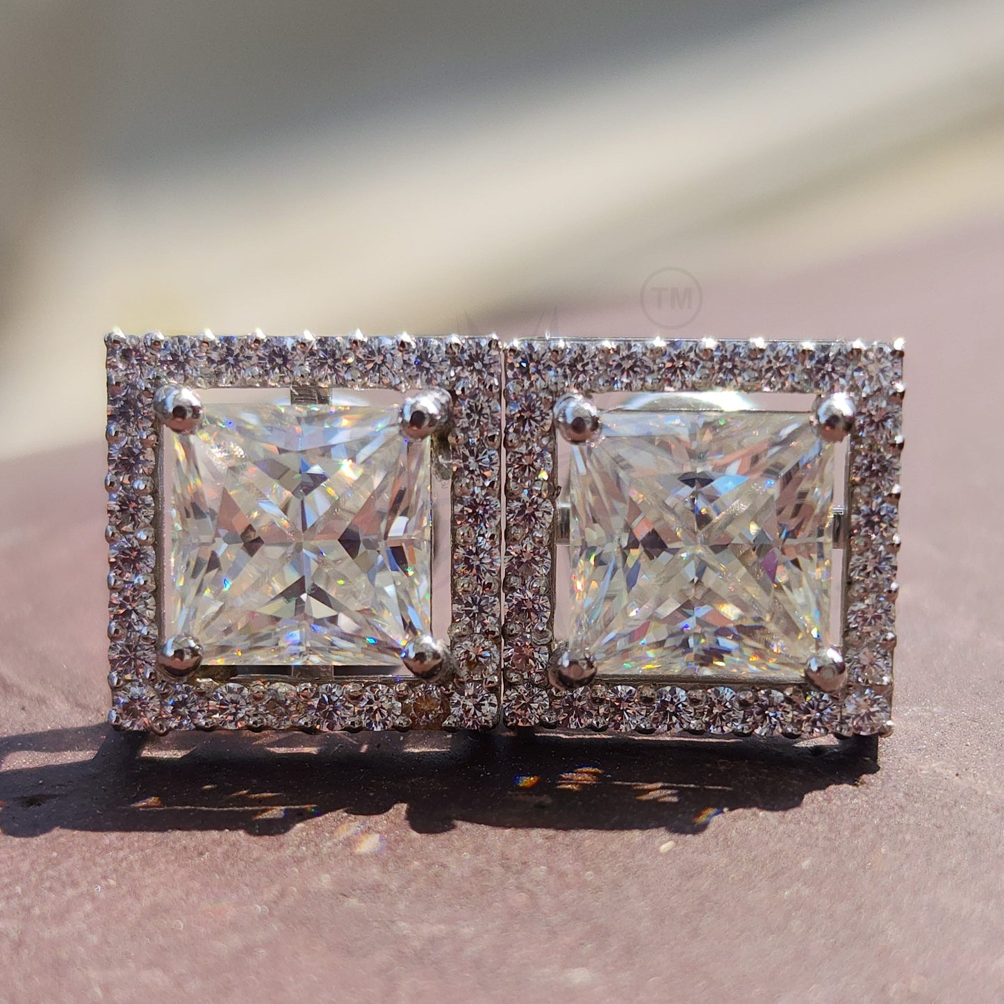 Colorless Princess Cut Moissanite 4 Prong Halo Screw Back Stud Earrings