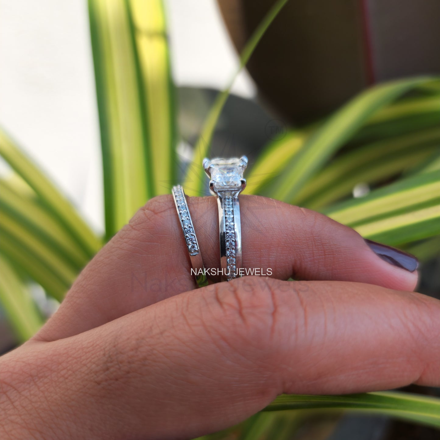 Princess Cut Moissanite Three Stone Bridal Set