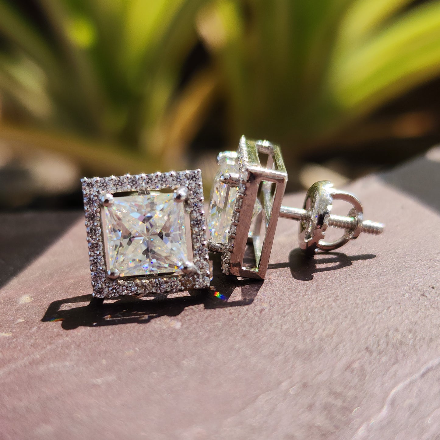 Colorless Princess Cut Moissanite 4 Prong Halo Screw Back Stud Earrings
