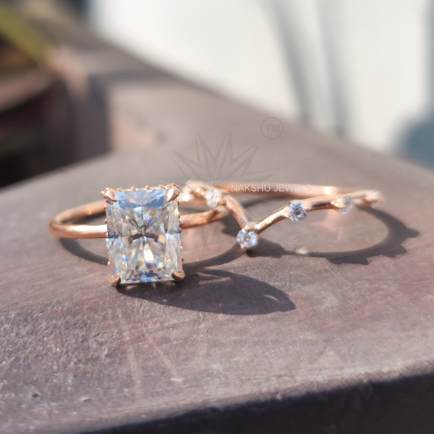 Radiant Cut Moissanite Bridal Set With Curved Band