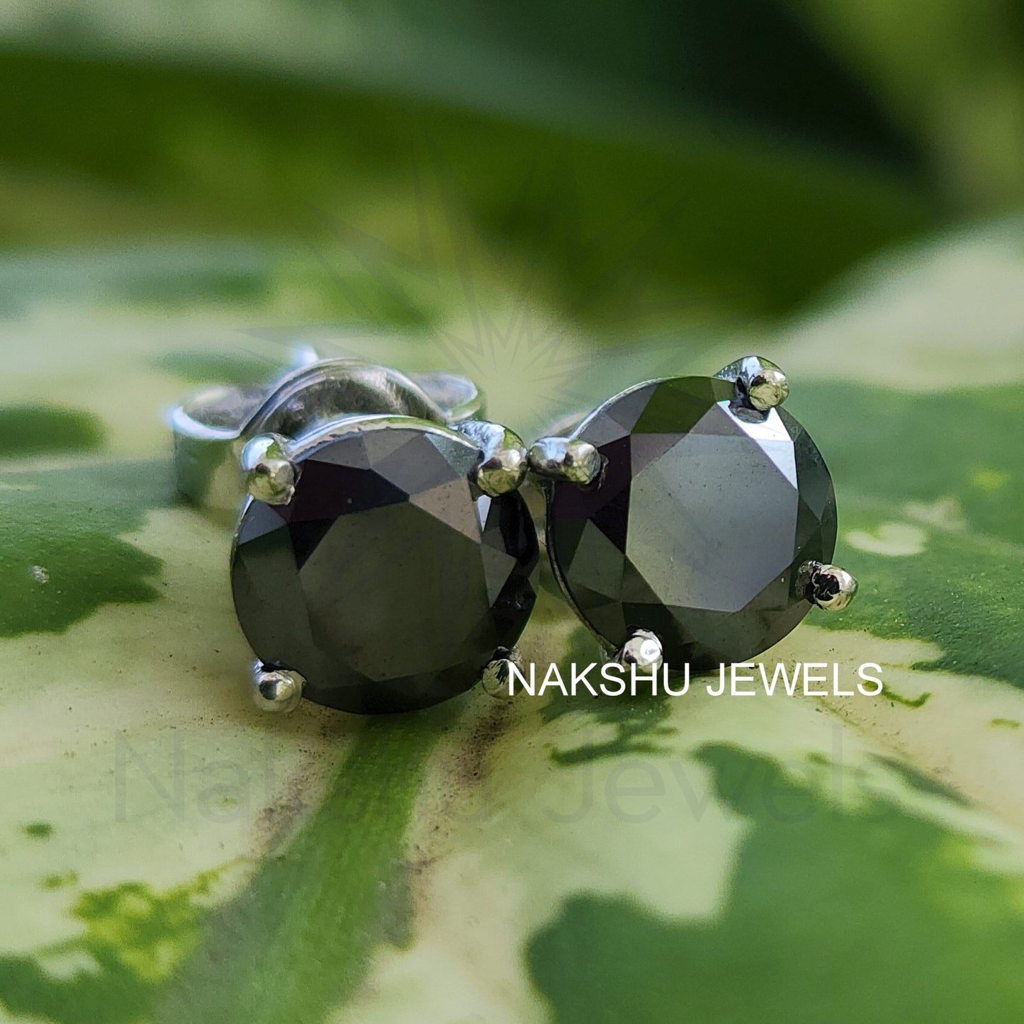 Black Round Brilliant Cut Moissanite Stud Earrings, Four Prong Basket Setting