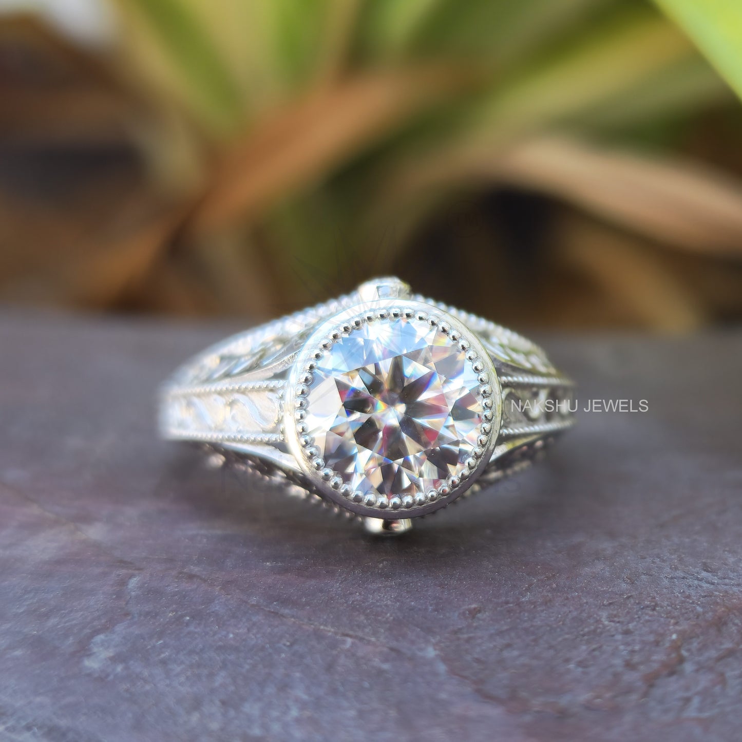 Vintage Style Round Moissanite Engagement Ring - Bezel Set Milgrain Art Deco