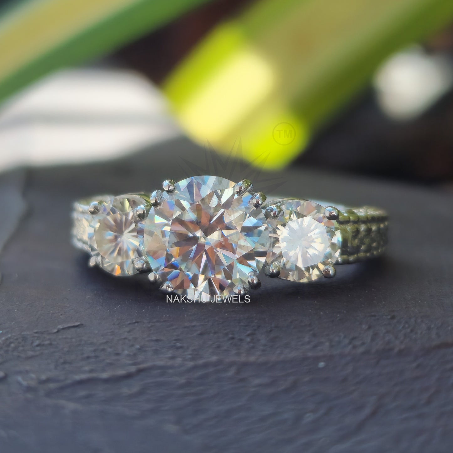 Art Deco Round Cut Moissanite Three Stone Engagement Ring