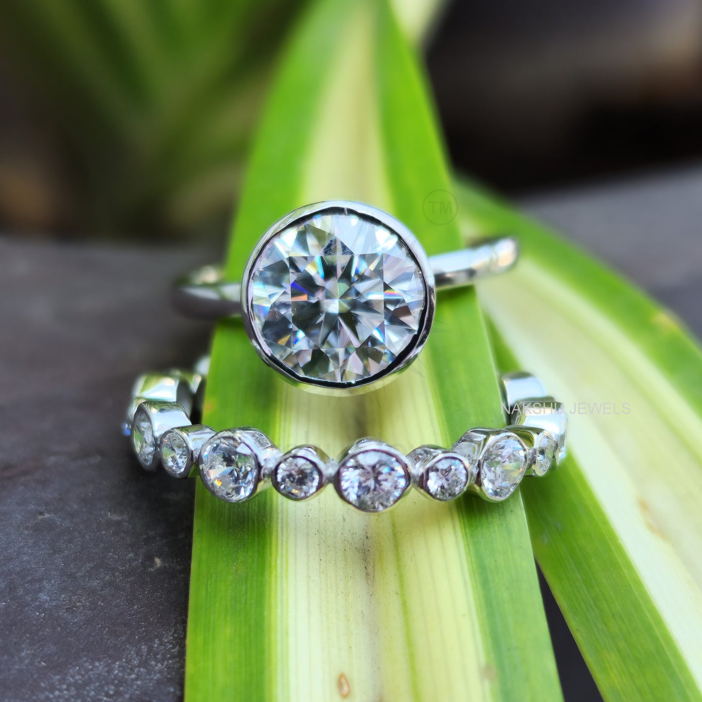 Round Cut Moissanite Bezel Set Solitaire Engagement Bridal Ring Set