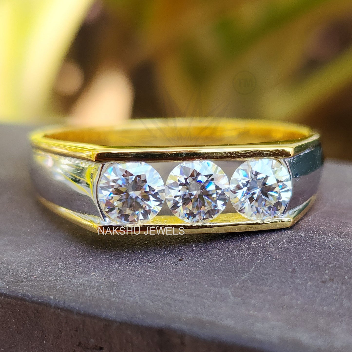 Round Cut Moissanite Men's Three Stone Engagement Ring