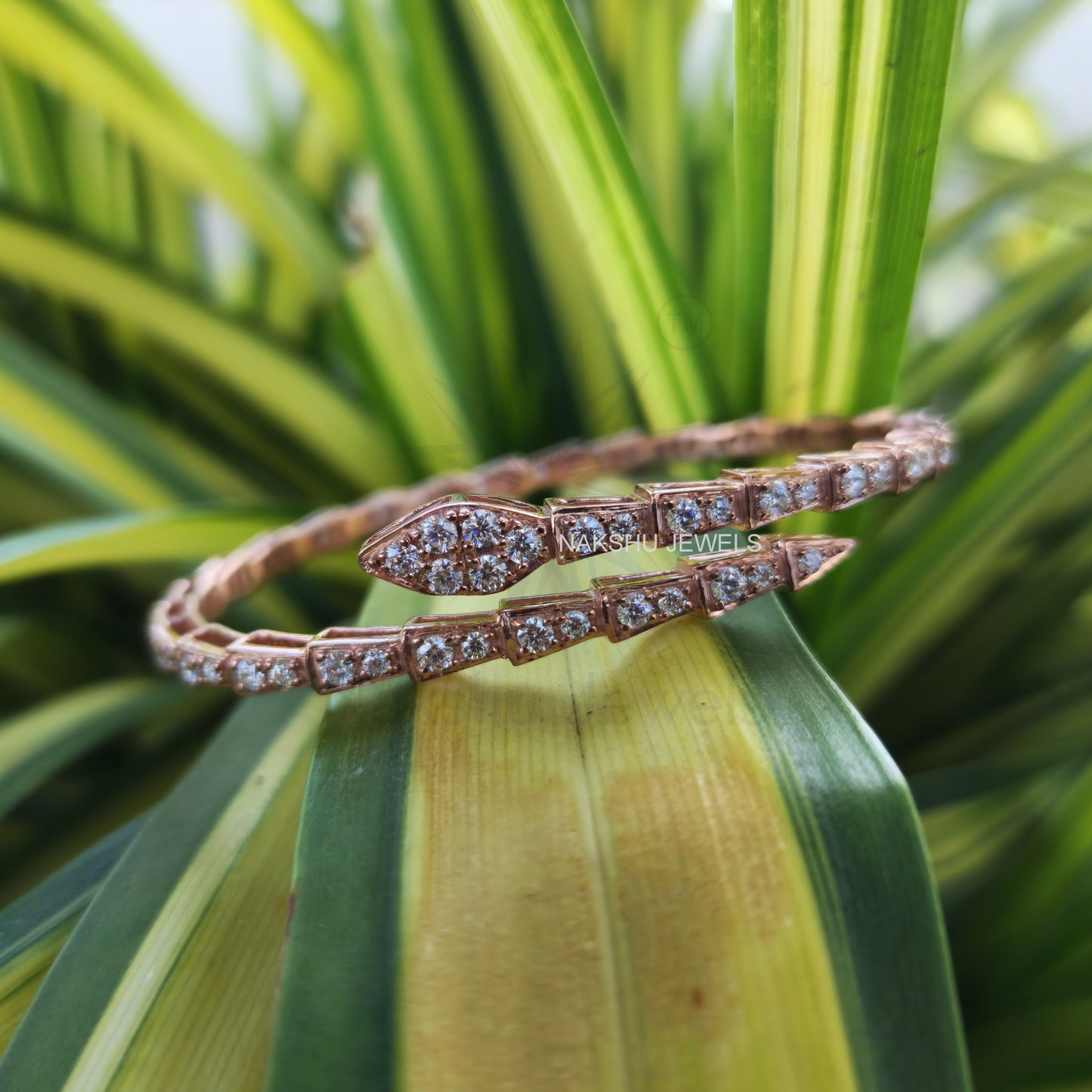 Round Brilliant Cut Moissanite Serpent Viper Bracelet In 14K Solid Rose Gold Snake Bracelet Bangles