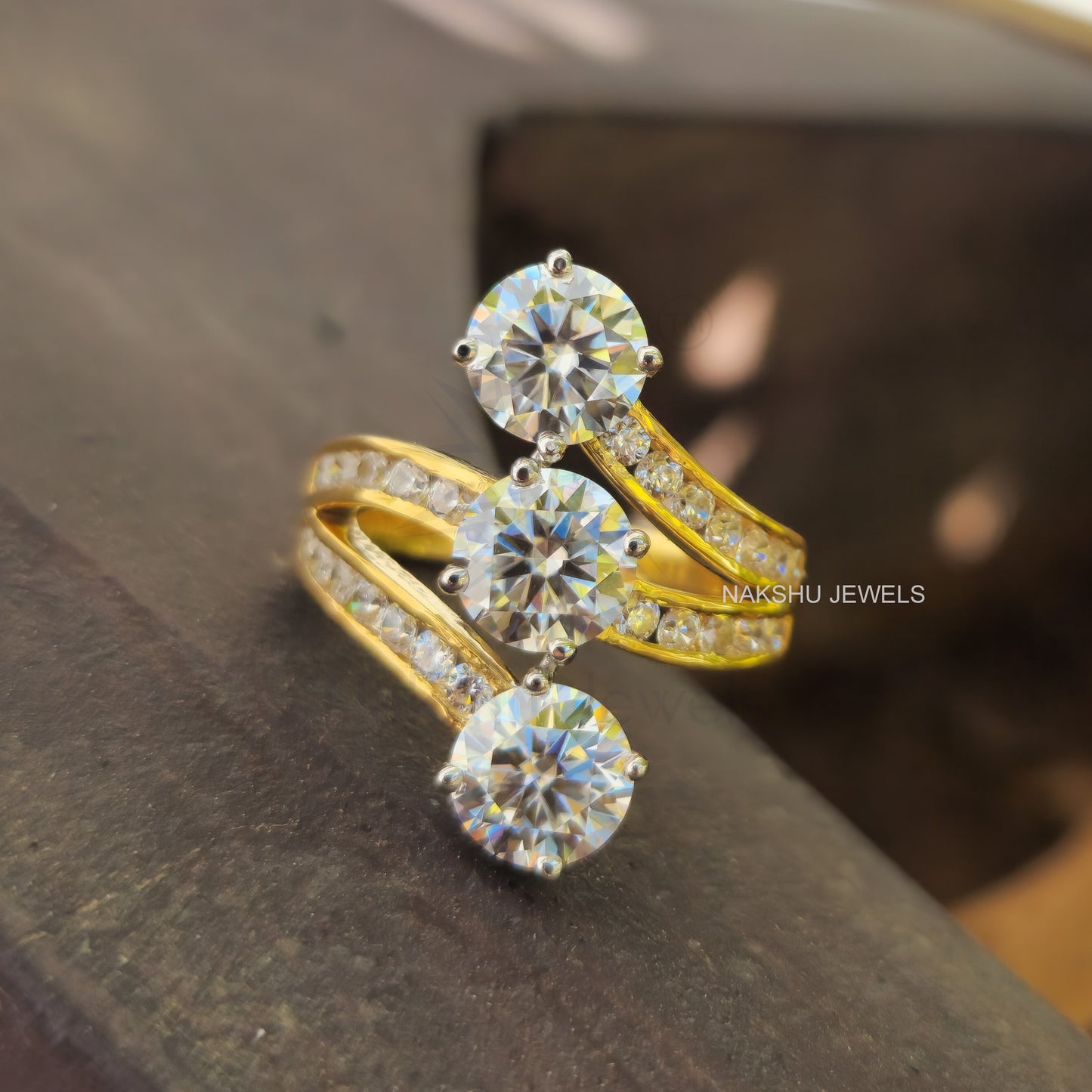 Three Stone Round Cut Moissanite Pave Engagement Ring