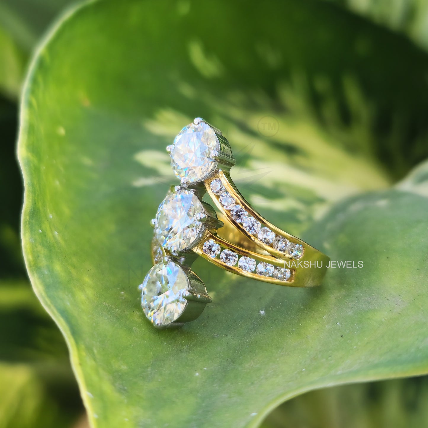 Three Stone Round Cut Moissanite Pave Engagement Ring