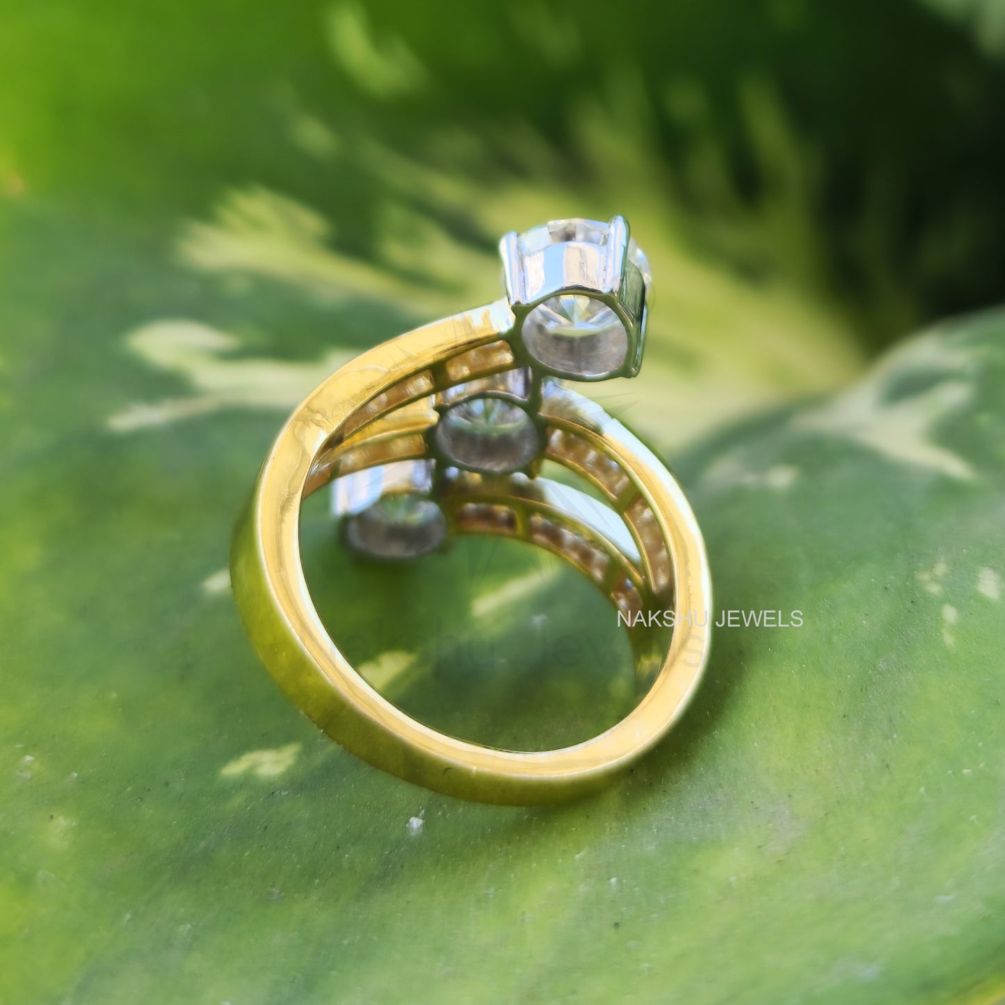 Three Stone Round Cut Moissanite Pave Engagement Ring