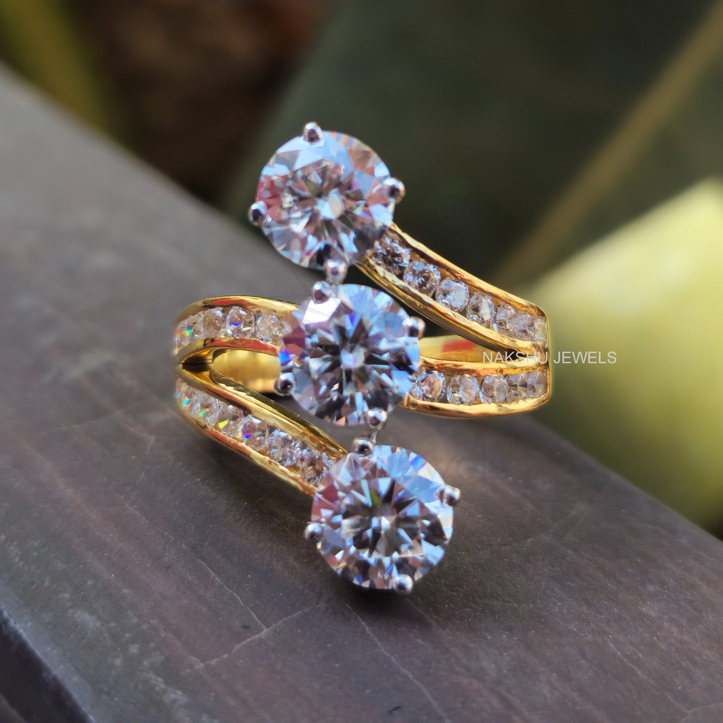 Three Stone Round Cut Moissanite Pave Engagement Ring
