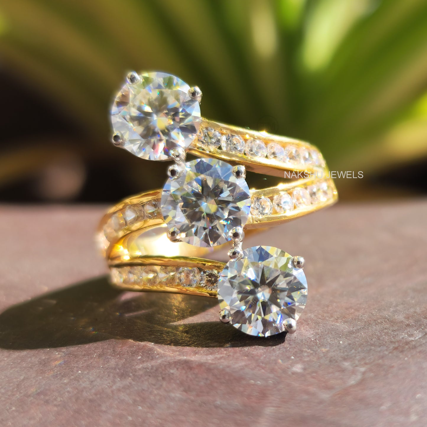 Three Stone Round Cut Moissanite Pave Engagement Ring