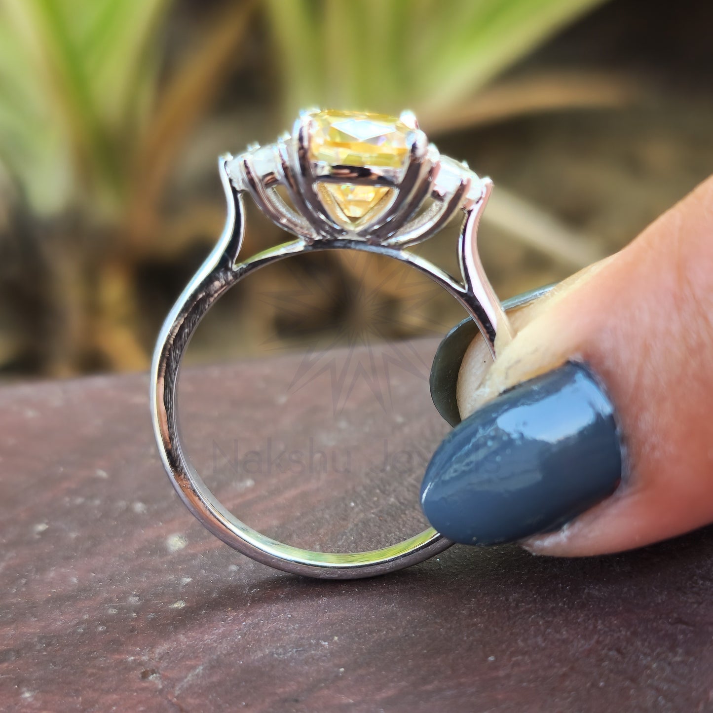 Canary Yellow Cushion Cut Moissanite Three Stones Engagement Ring