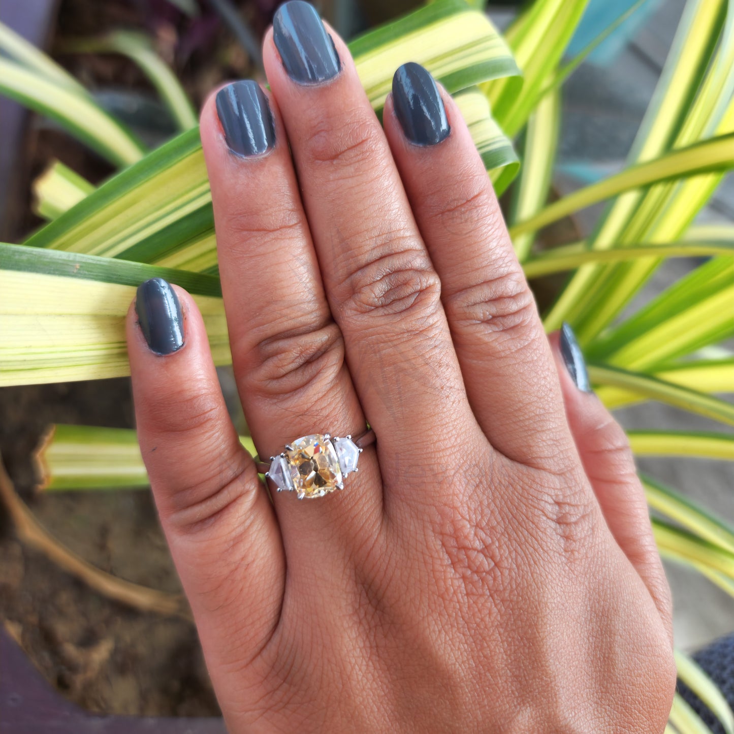 Canary Yellow Cushion Cut Moissanite Three Stones Engagement Ring