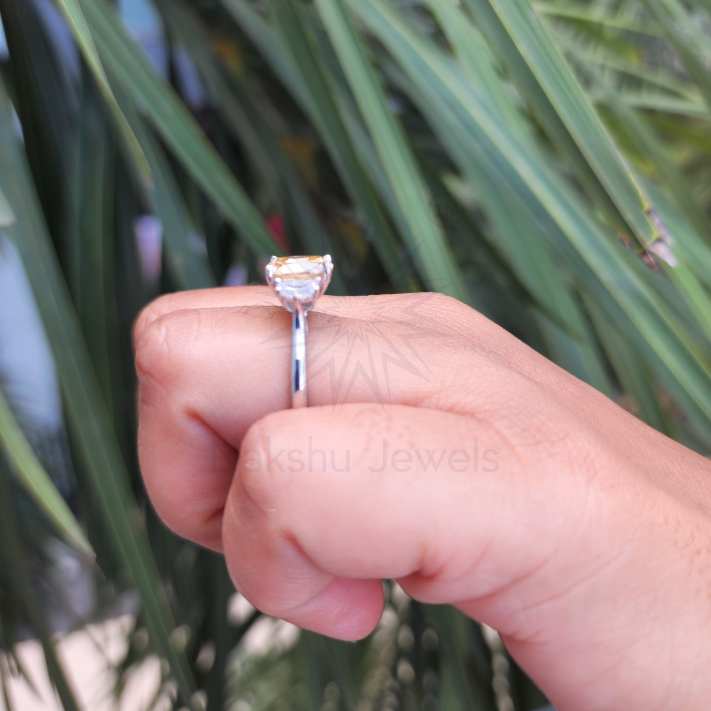 Canary Yellow Cushion Cut Moissanite Three Stones Engagement Ring