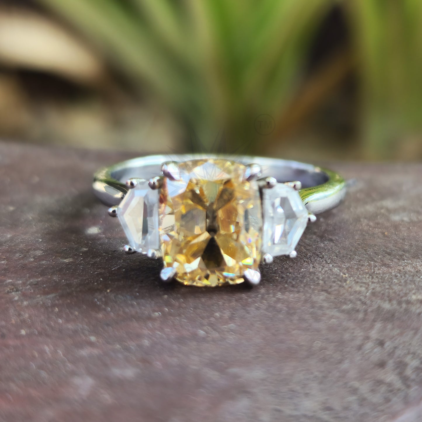 Canary Yellow Cushion Cut Moissanite Three Stones Engagement Ring