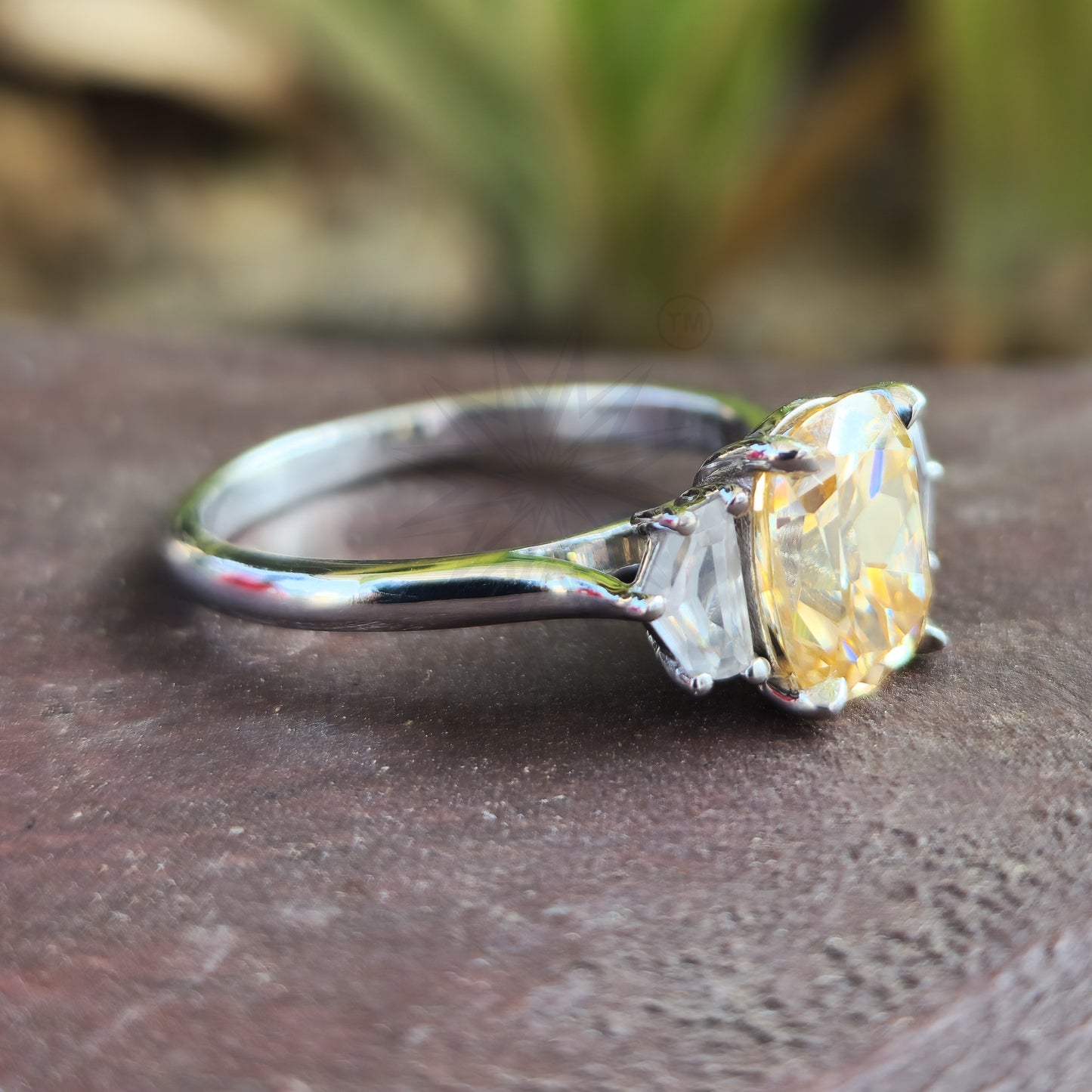 Canary Yellow Cushion Cut Moissanite Three Stones Engagement Ring