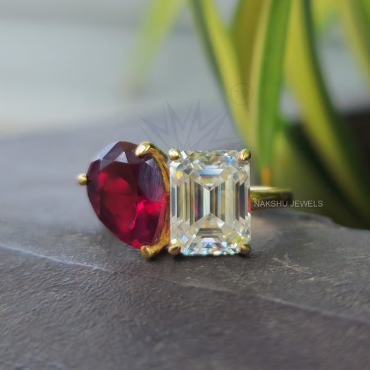 Toi Et Moi Engagement Ring, 2CT Emerald and Pear Cut Red Ruby Moissanite Ring