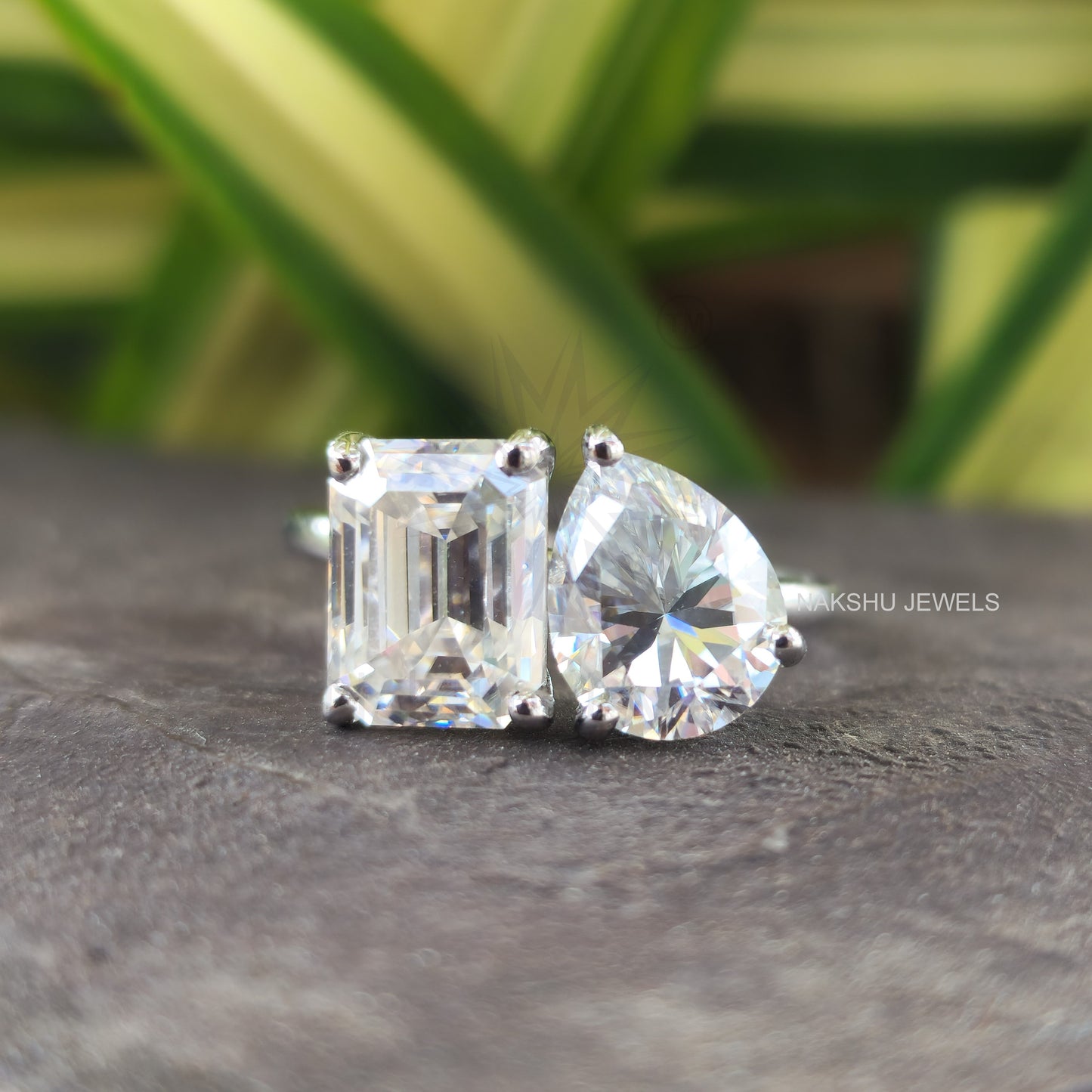 Toi Et Moi Emerald and Pear Cut Two Stone Moissanite Engagement Ring