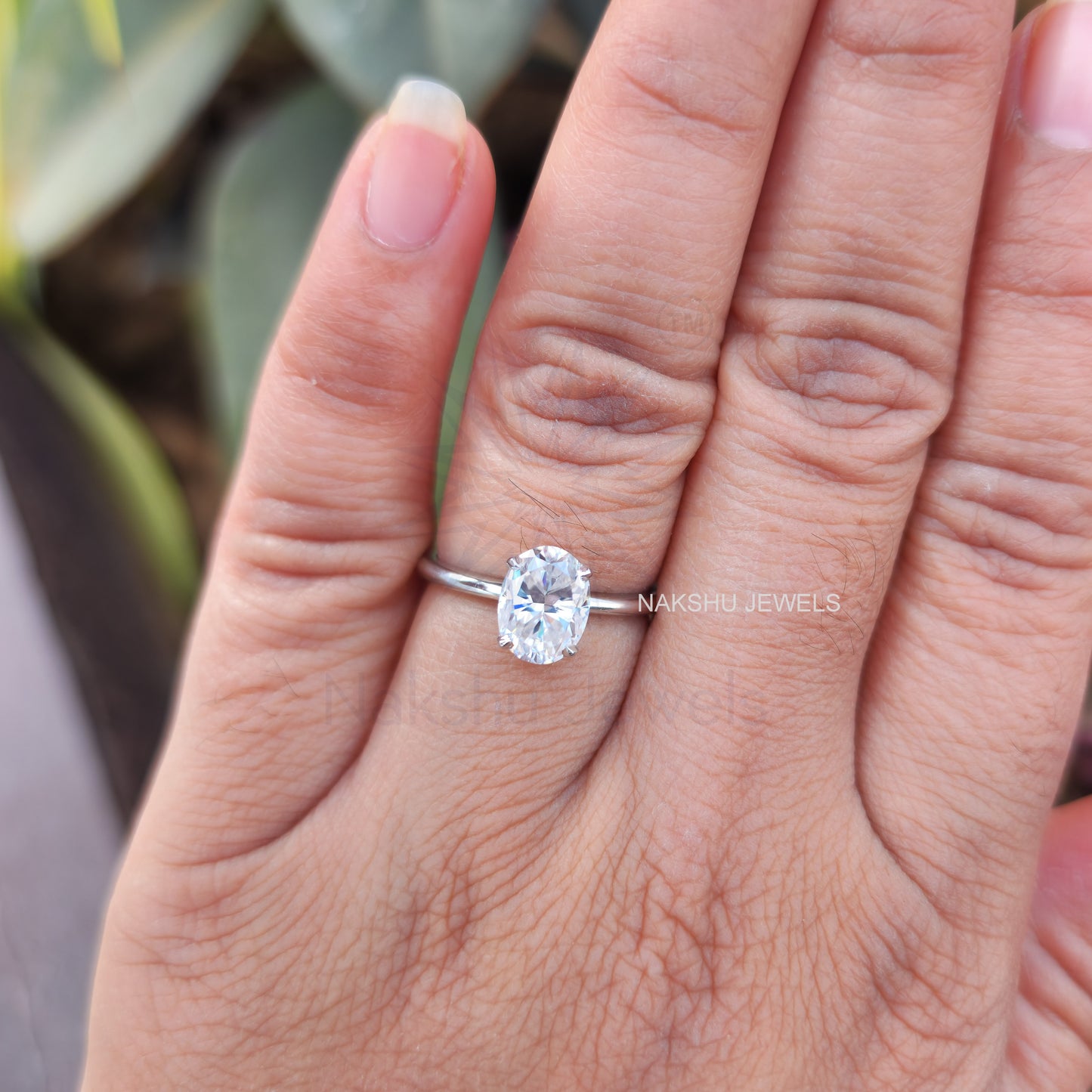 Crushed Ice Oval Cut Colorless Moissanite Hidden Halo Solitaire Engagement Ring