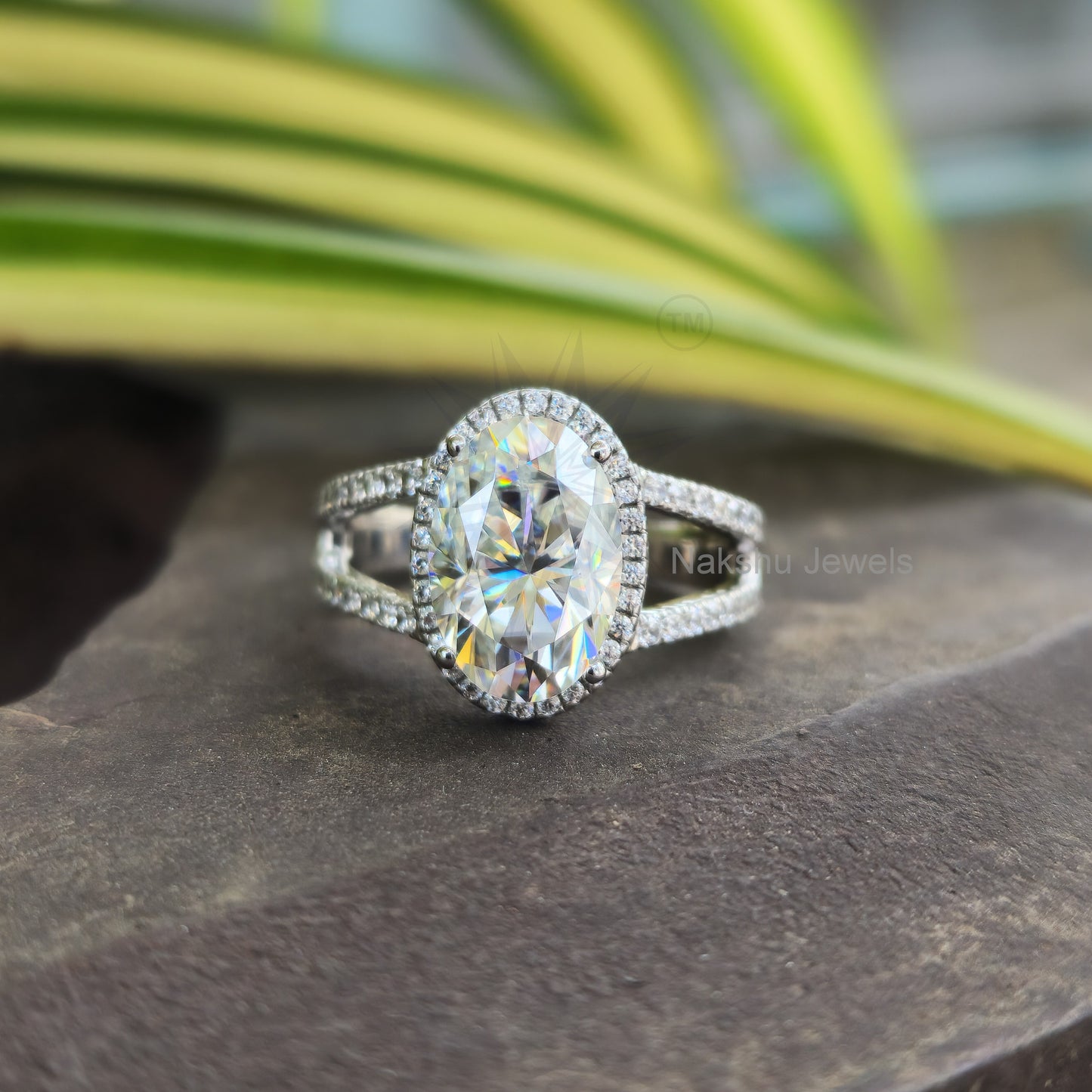 Split Shank Oval Cut Moissanite Halo Engagement Ring