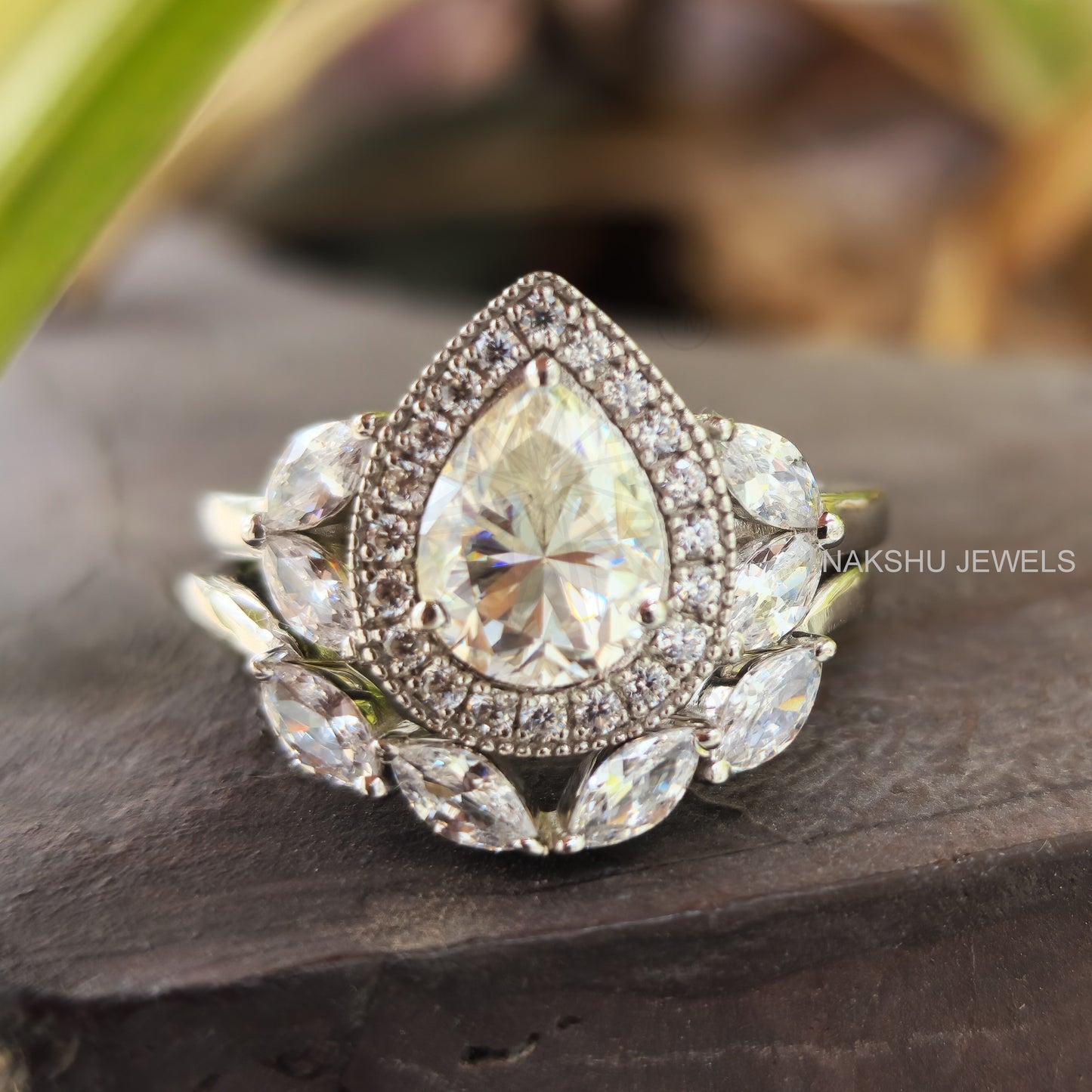 Pear Cut Moissanite Halo Engagement Ring Set, Cluster Wedding Bridal Set