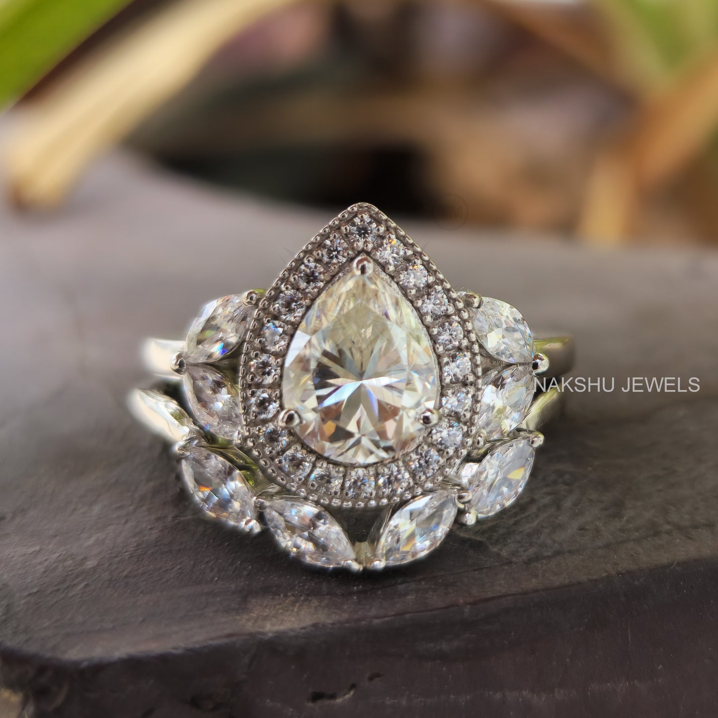 Pear Cut Moissanite Halo Engagement Ring Set, Cluster Wedding Bridal Set