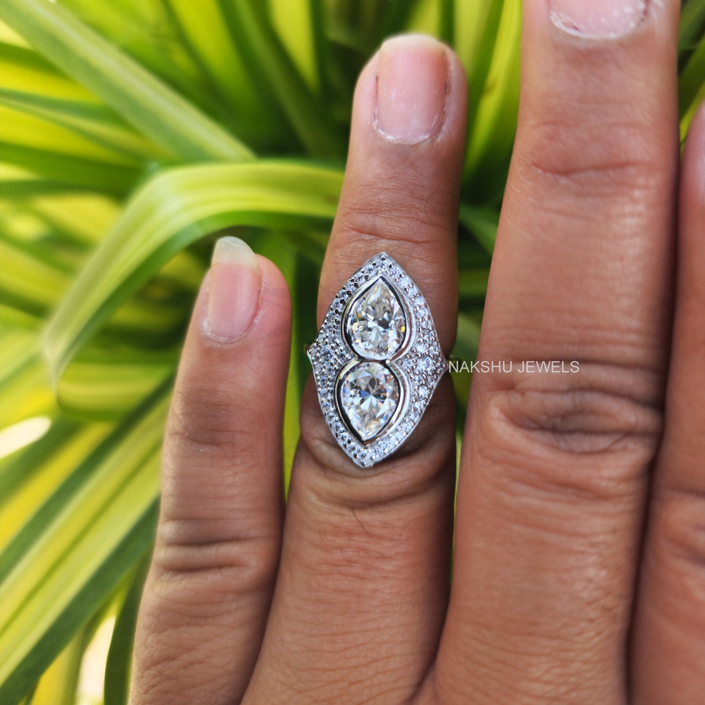 Pear Cut Bezel Set Two Stone Moissanite Engagement Ring