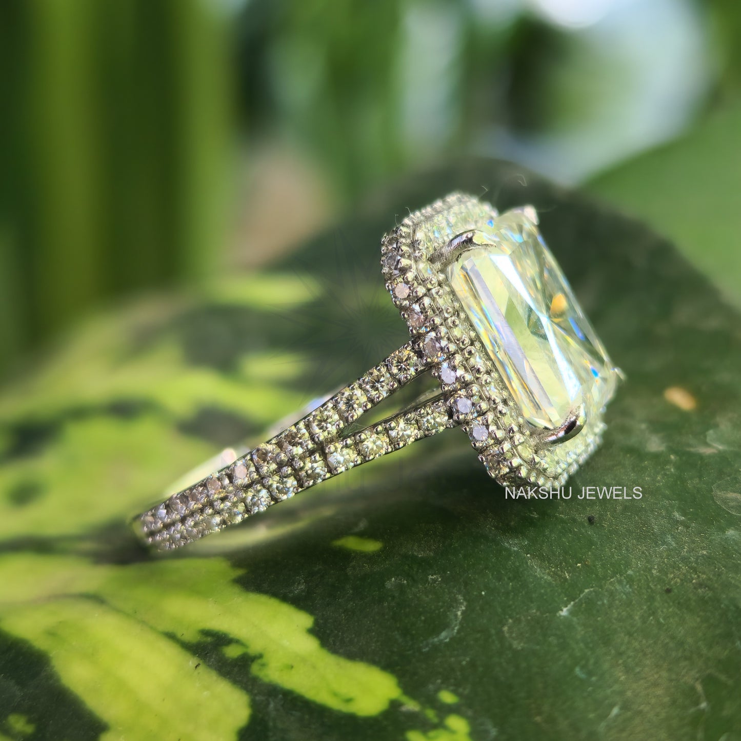 Radiant Cut Moissanite Engagement Bridal Set Ring, Split Shank Halo Ring Set
