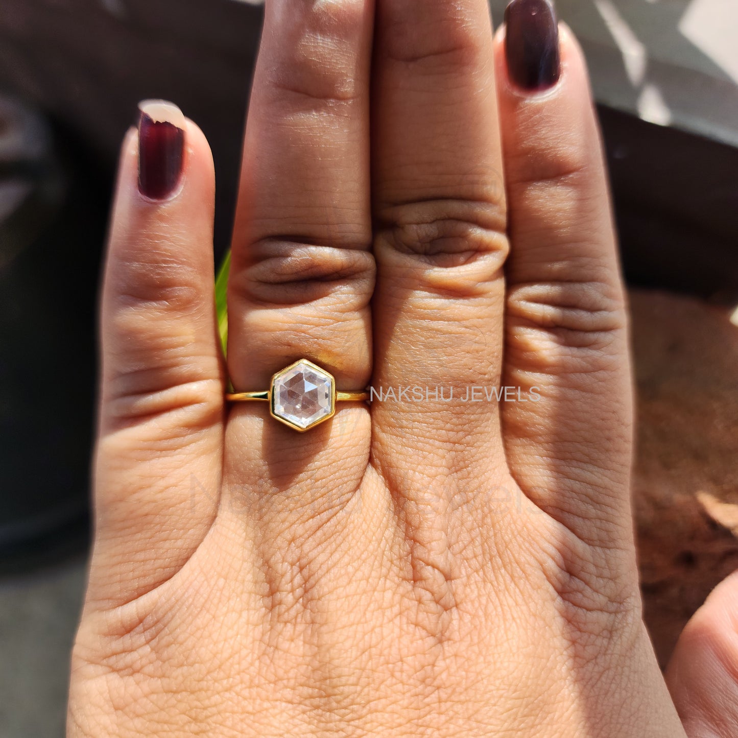 Rose Cut Hexagon Bezel Set Solitaire Moissanite Engagement Ring
