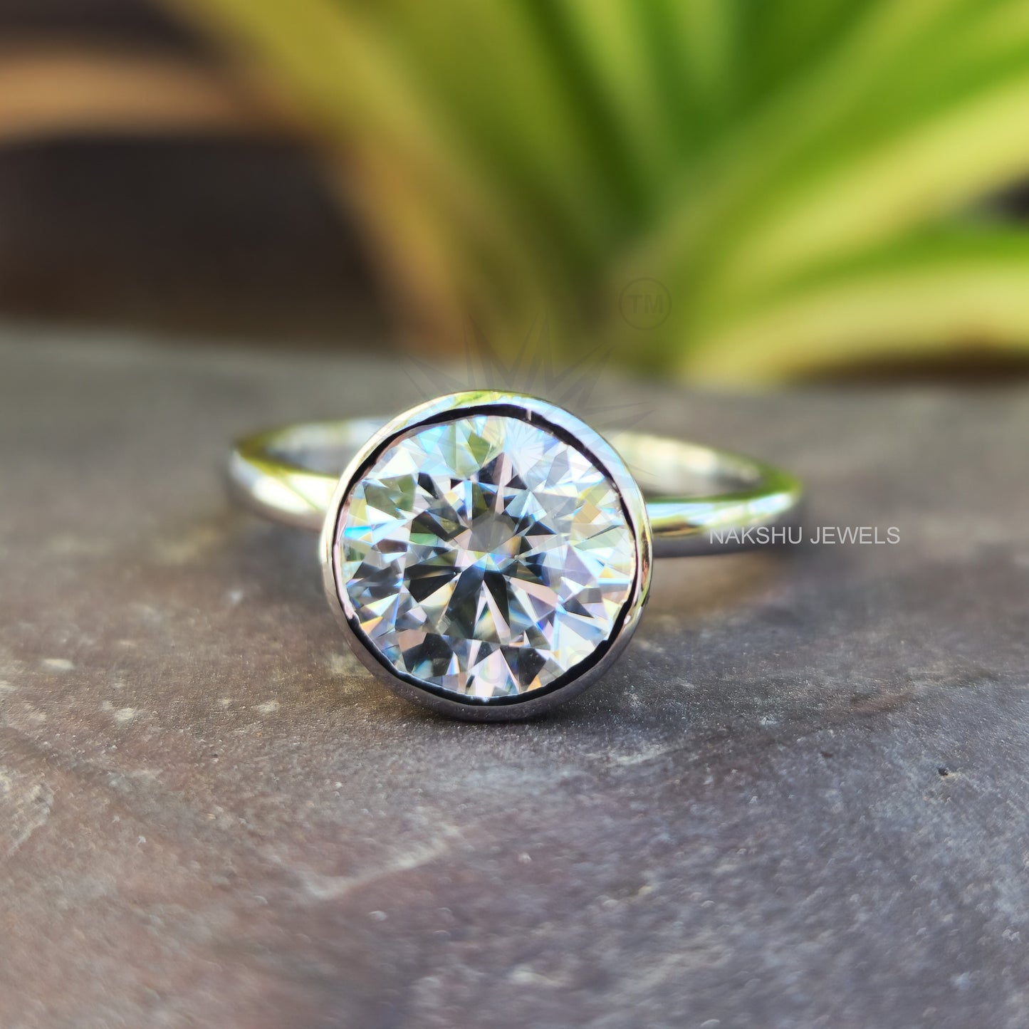 Round Cut Moissanite Bezel Set Solitaire Engagement Bridal Ring Set