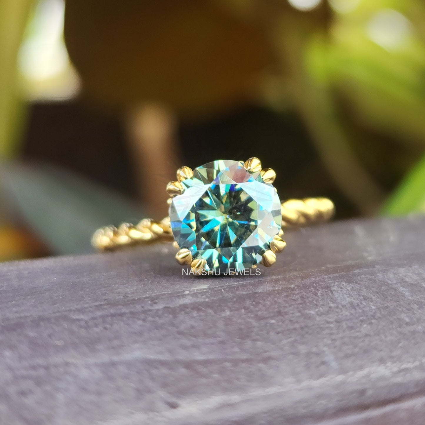 Cyan Blue Round Moissanite Twisted Solitaire Engagement Ring