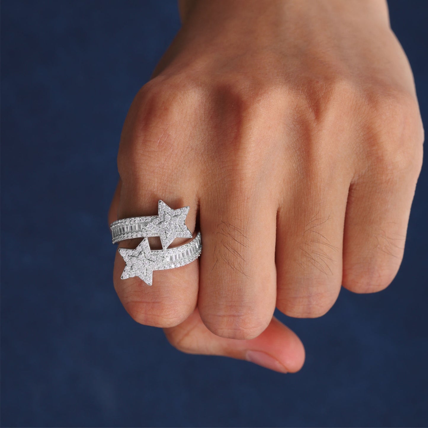 Adjustable Hip Hop Moissanite Two Stare Engagement Fully Iced Out But Down Ring Jewelry For Men and Women