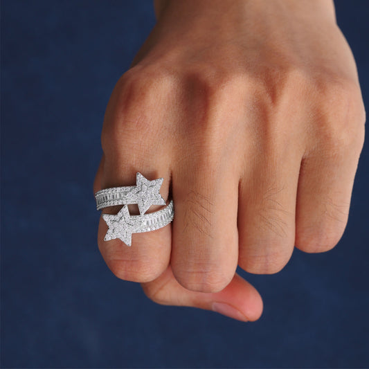 Adjustable Hip Hop Moissanite Two Stare Engagement Fully Iced Out But Down Ring Jewelry For Men and Women