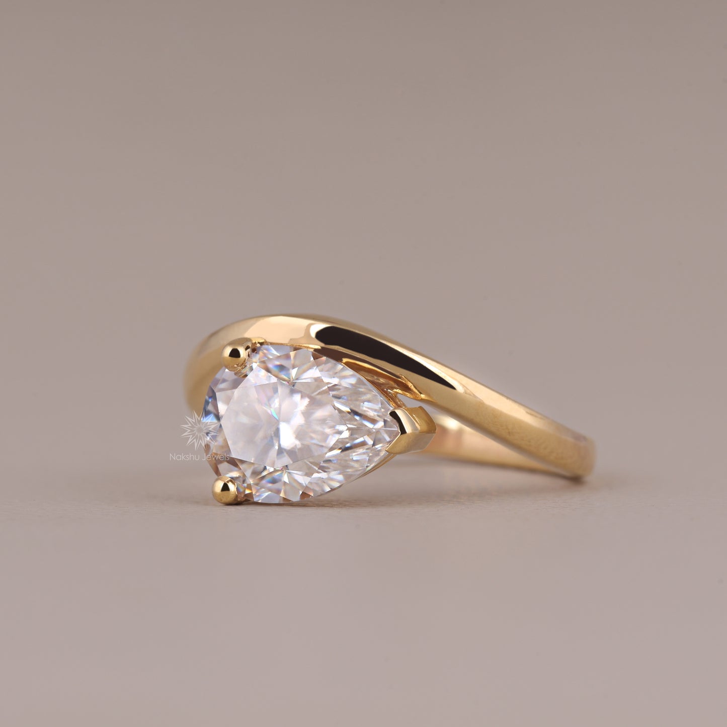 East West Pear Cut Moissanite Curved Engagement Ring In 14K Yellow Gold Wedding Wave Ring For Women