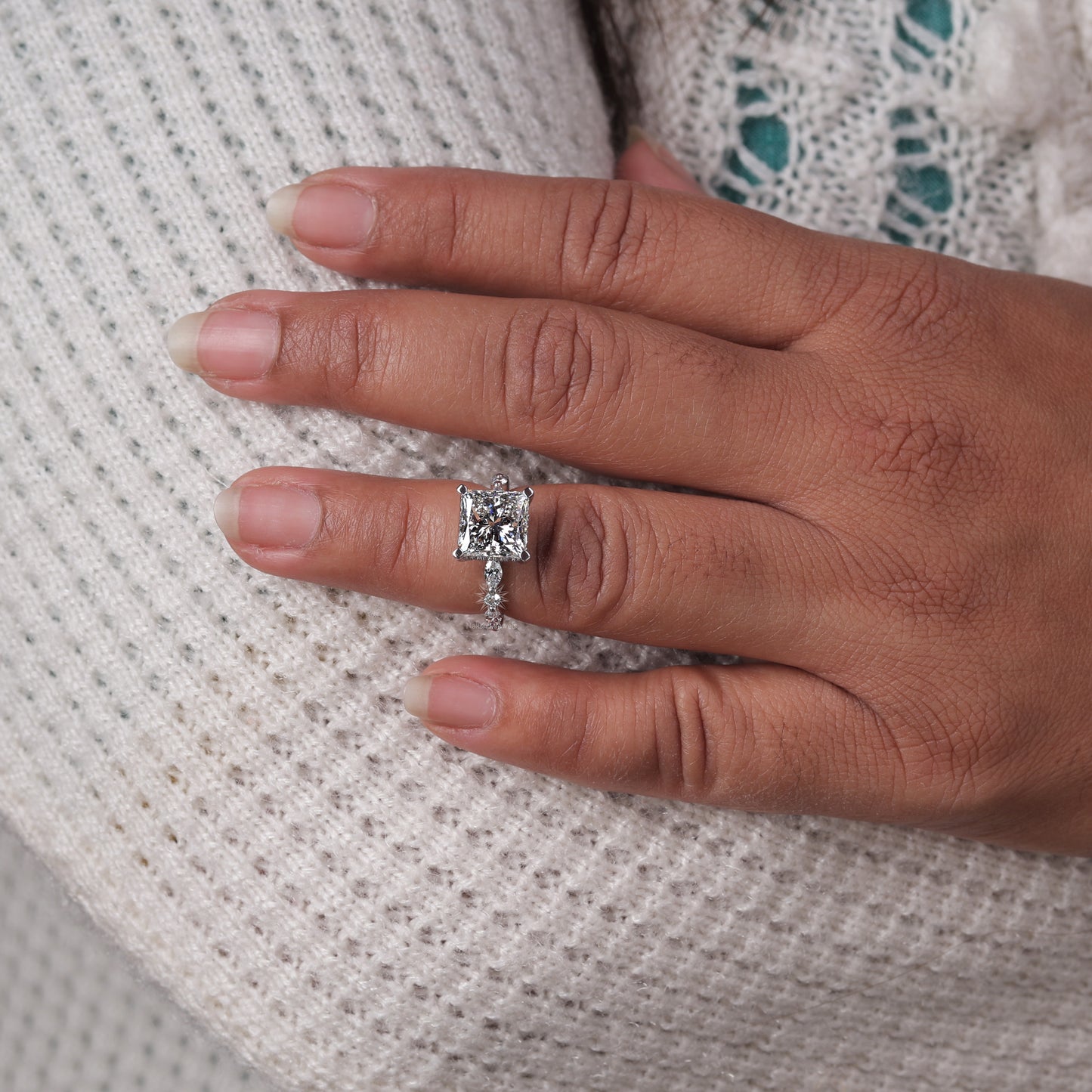 Princess Cut Moissanite Engagement Ring, White Gold Bubble Band Stacking Wedding Ring