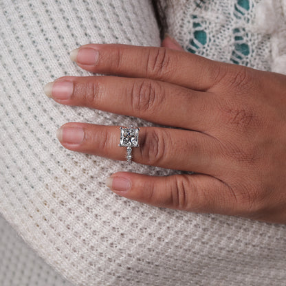 Princess Cut Moissanite Engagement Ring, White Gold Bubble Band Stacking Wedding Ring