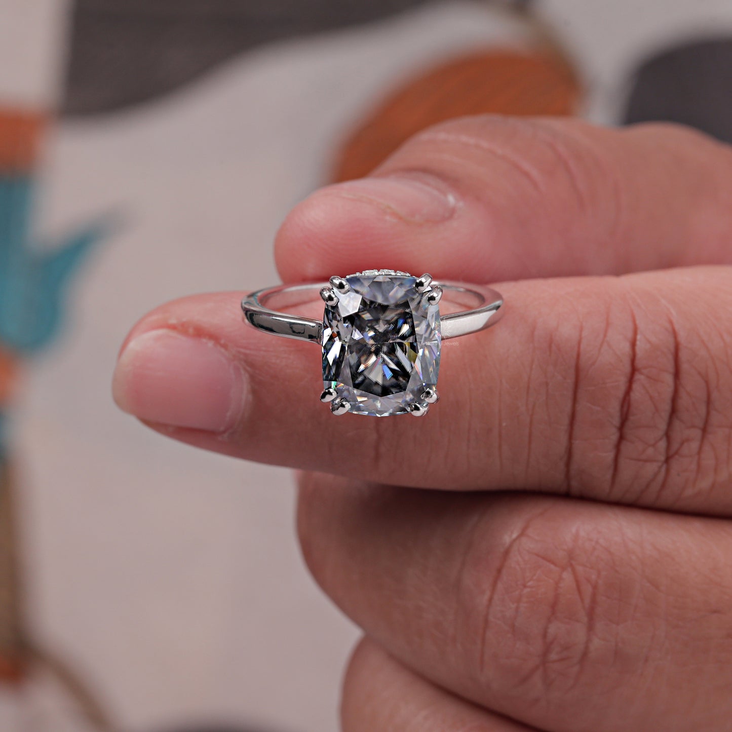 Elongated Cushion Cut Grey Moissanite Engagement Ring Hidden Halo Wedding Rings Unique Double Claw Prongs Setting Diamond
