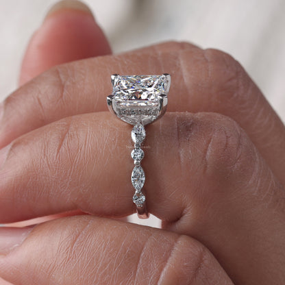 Princess Cut Moissanite Engagement Ring, White Gold Bubble Band Stacking Wedding Ring