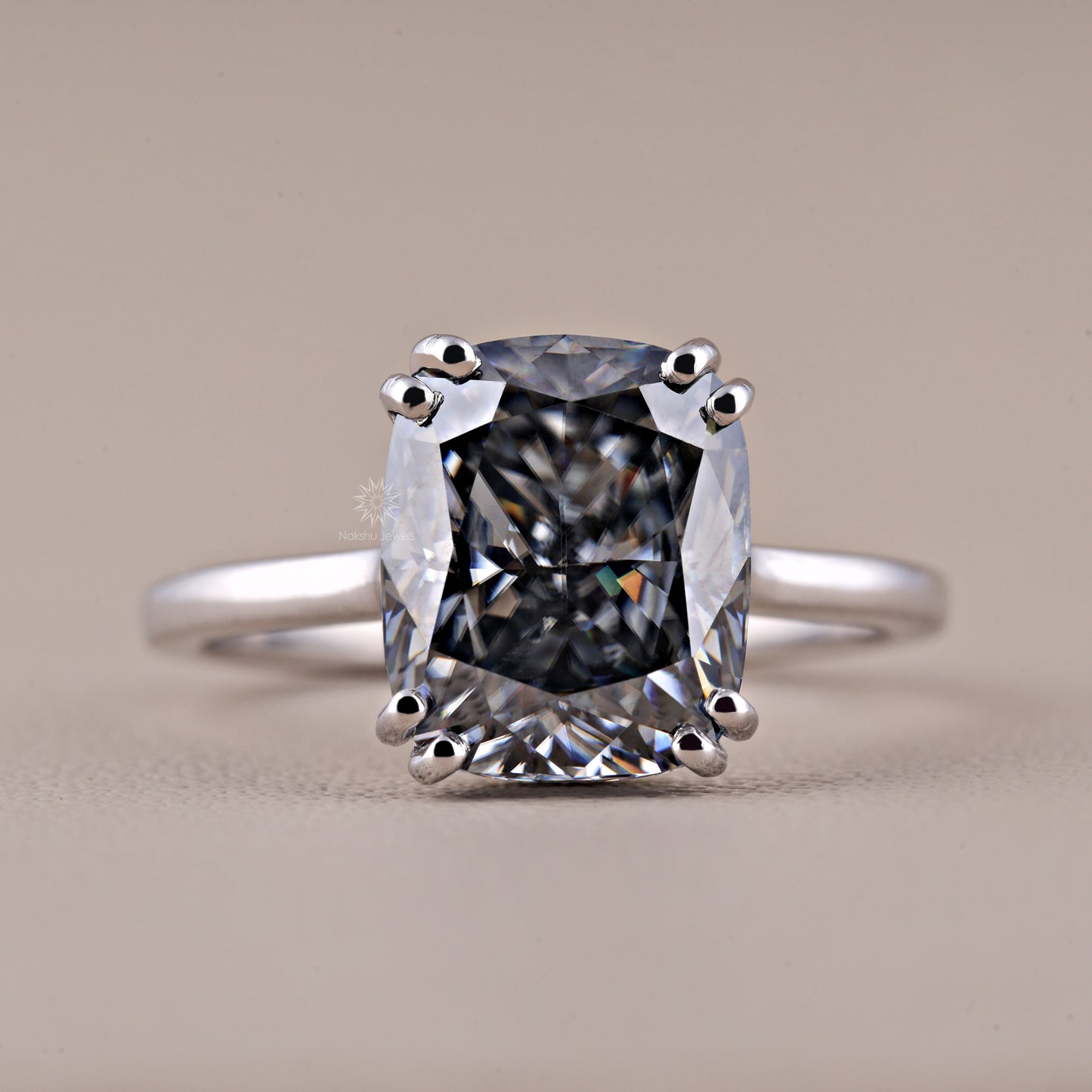 Elongated Cushion Cut Grey Moissanite Engagement Ring Hidden Halo Wedding Rings Unique Double Claw Prongs Setting Diamond