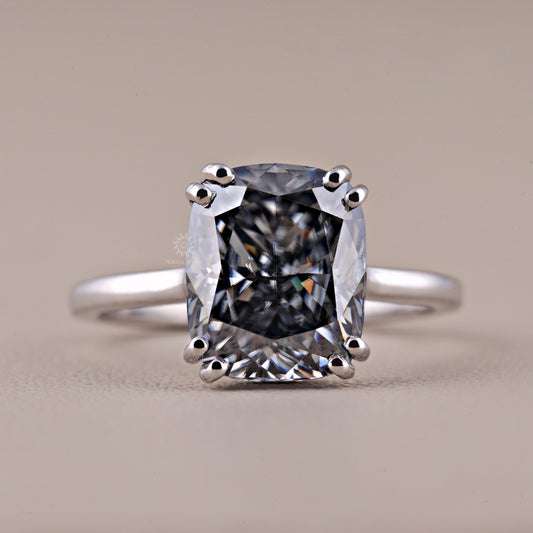 Elongated Cushion Cut Grey Moissanite Engagement Ring Hidden Halo Wedding Rings Unique Double Claw Prongs Setting Diamond