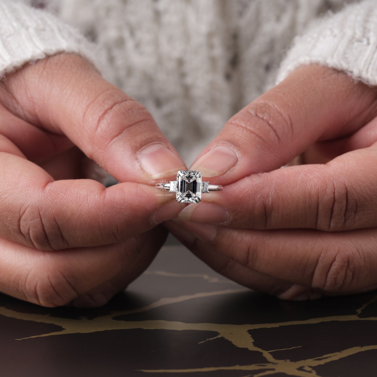 Emerald Cut Moissanite Three Stone Engagement Ring, 14K Gold 3 Stone Wedding Ring For Women