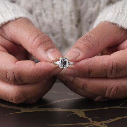 Emerald Cut Moissanite Three Stone Engagement Ring, 14K Gold 3 Stone Wedding Ring For Women