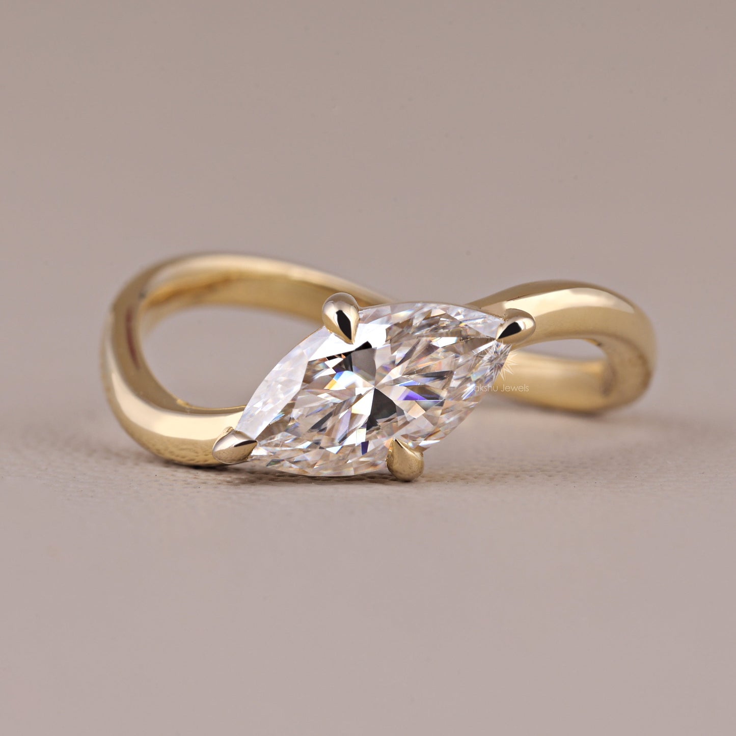 East West Marquise Cut Moissanite Solitaire Bypass Engagement Wedding Ring