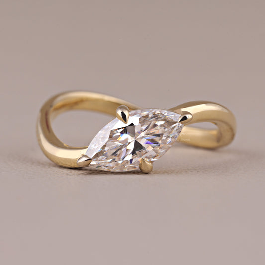 East West Marquise Cut Moissanite Solitaire Bypass Engagement Wedding Ring