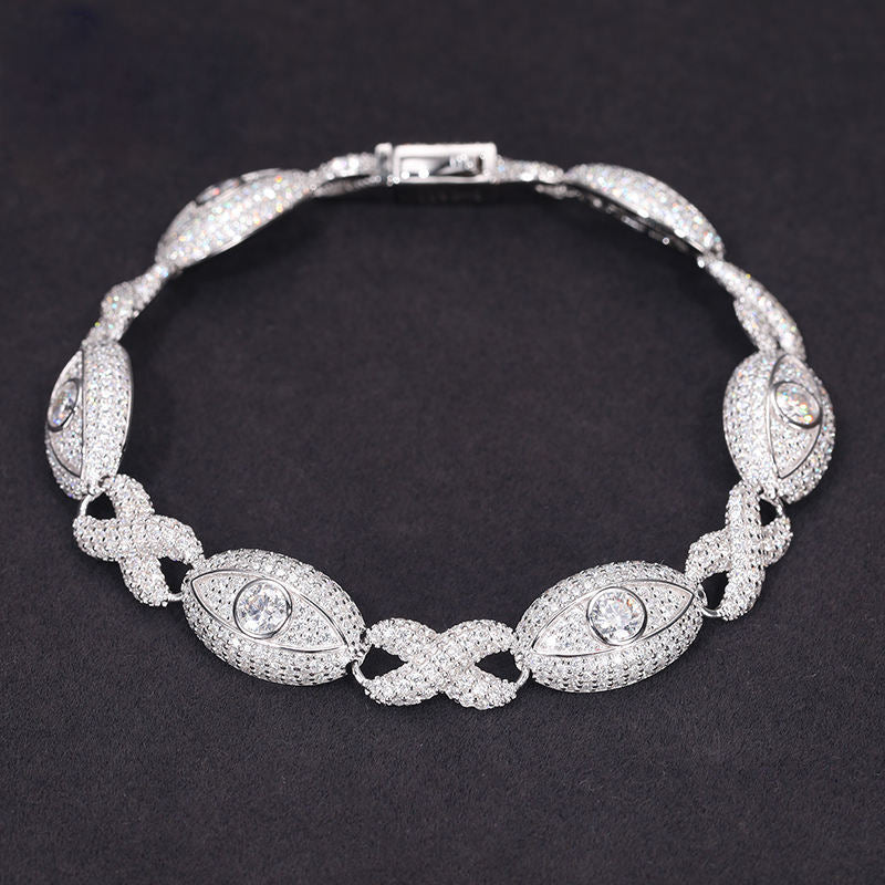 Hip Hop Round Cut Moissanite 12mm Evil Eyes Cuban Link Chain Bracelet in 925 Sterling Silver For Men