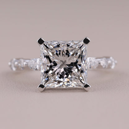 Princess Cut Moissanite Engagement Ring, White Gold Bubble Band Stacking Wedding Ring