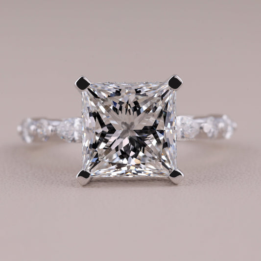 Princess Cut Moissanite Engagement Ring, White Gold Bubble Band Stacking Wedding Ring