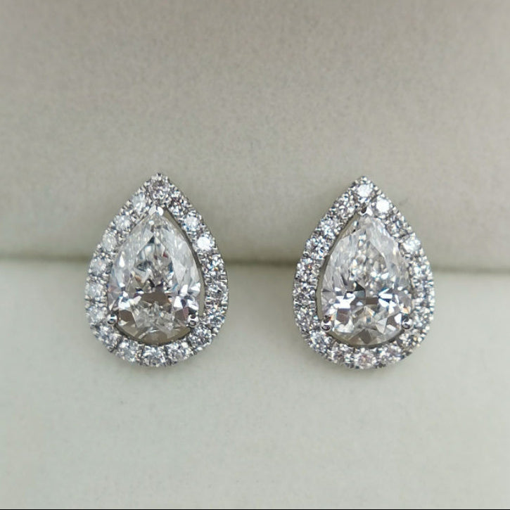 Pear Cut Colorless Classic Halo Moissanite Stud Earrings Gift For Wife, Mother, Daughter